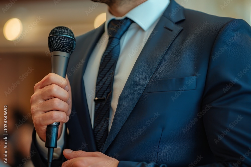 A well-dressed individual stands confidently holding a microphone, ready to engage the audience at an elegant indoor event during the evening hours. A well-dressed individual stands confidently holding a microphone, ready to engage the audience at an elegant indoor event during the evening hours.