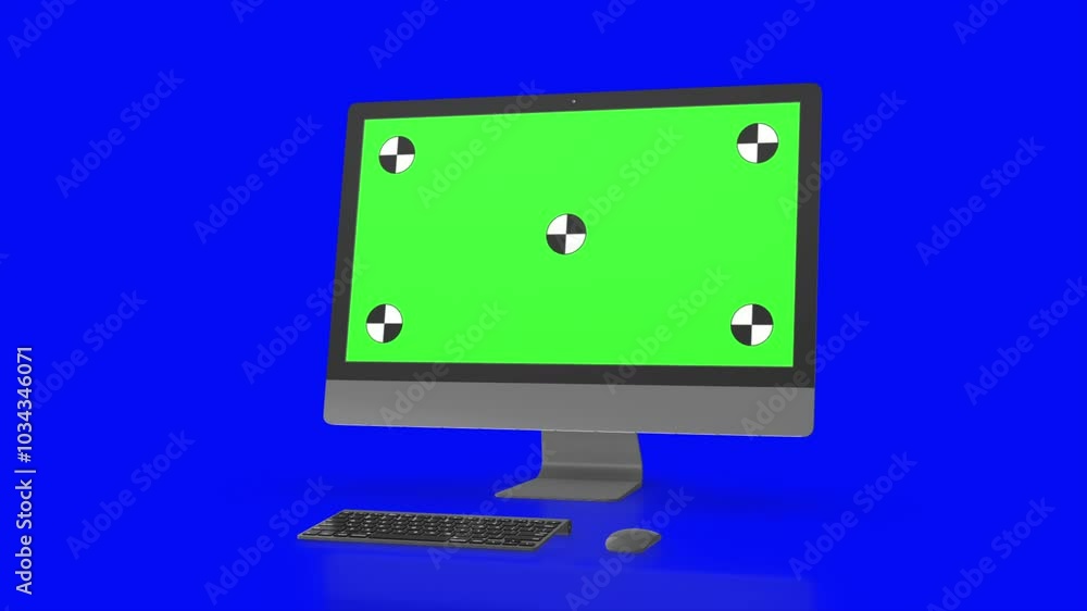 Modern computer with green screen, isolated on blue background . 3d render. Modern computer with green screen, isolated on blue background . 3d render.