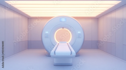 MRI Machine in a Sterile Medical Room with White Walls and a Ceiling with Fluorescent Lights