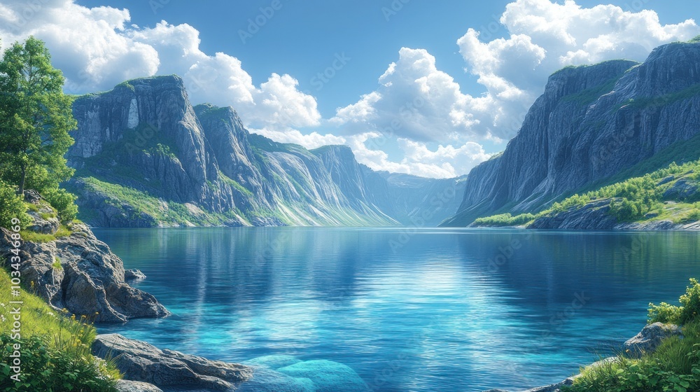 Mountain lake with blue water and green hills Mountain lake with blue water and green hills