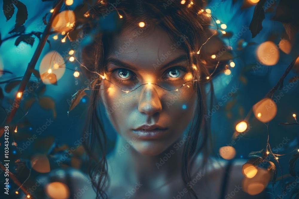 Surrounded by dark foliage, a woman with striking eyes is illuminated by glowing fairy lights, creating a magical atmosphere at dusk in the forest. Surrounded by dark foliage, a woman with striking eyes is illuminated by glowing fairy lights, creating a magical atmosphere at dusk in the forest.