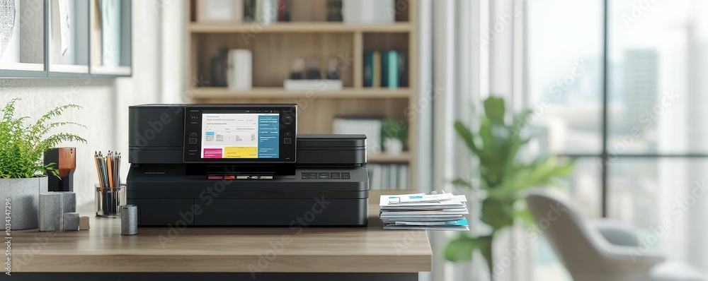 Black printer on desk with paper stack. Black printer on desk with paper stack.