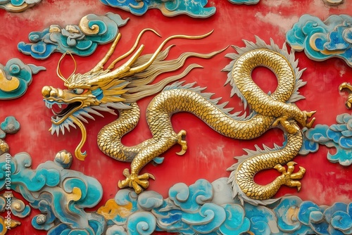 Golden dragon sculpture amidst vibrant clouds on red background in traditional chinese art style