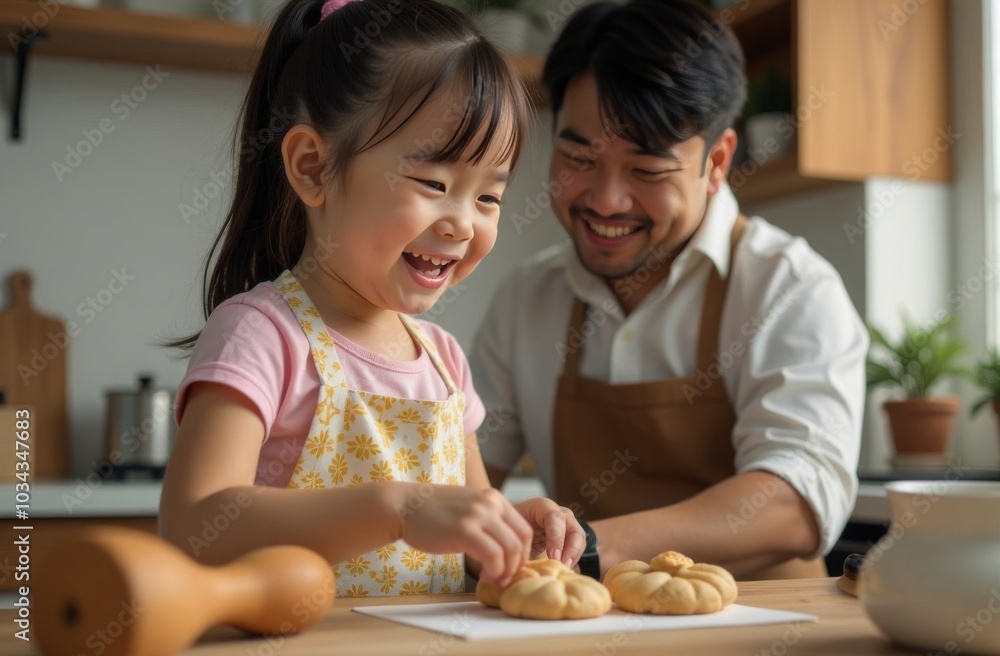 Fototapeta premium Young Asian father and daughter in the kitchen having fun baking, laughing, great relationship