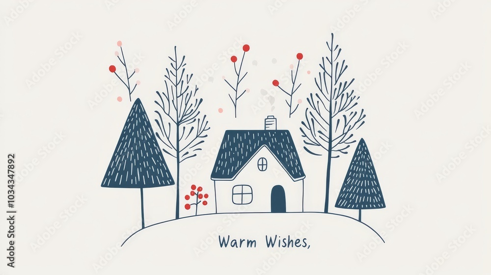 Warm Wishes Card. Charming illustration of a cozy house surrounded by trees with Warm Wishes Card. Charming illustration of a cozy house surrounded by trees with