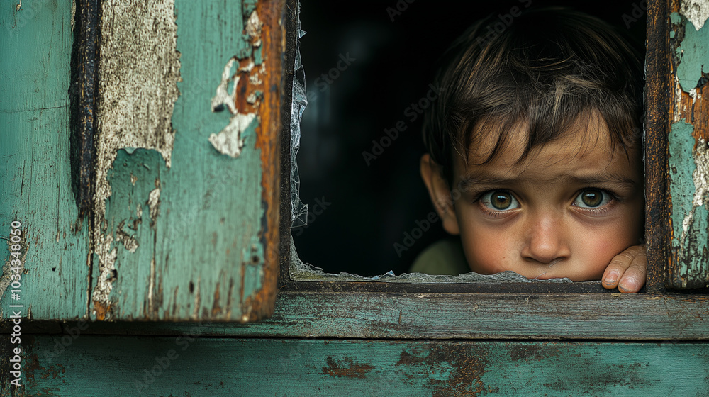 A child peering out of a broken window in a poor neighborhood, symbolizing the cycle of poverty. Copy space, poverty