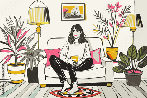 Tranquil Woman Relaxing at Home with Indoor Plants and Decor