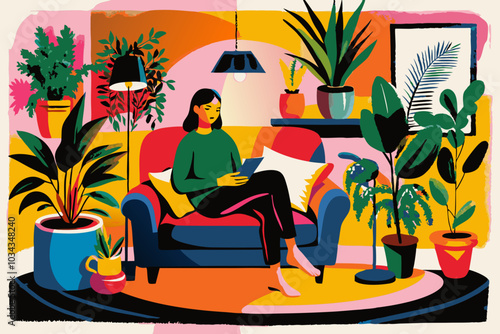 Colorful Illustration of Woman Relaxing with Book in Vibrant Home Interior