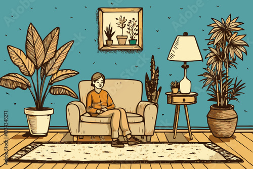 Relaxing Reading Time in Cozy Vintage Living Room Illustration