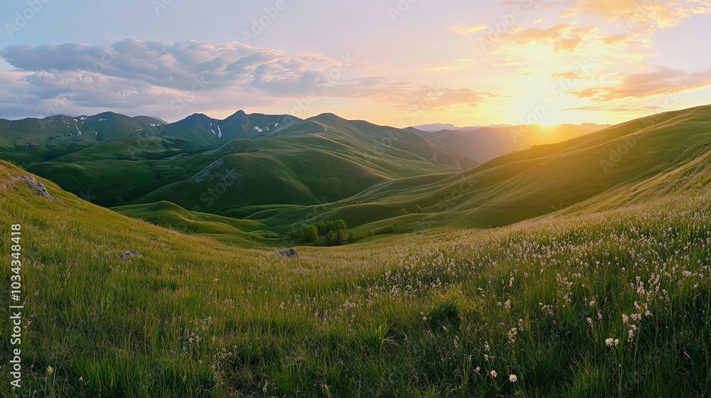Obraz premium Panoramic view of the green mountains and hills at sunset. Gumbashi Pass in North Caucasus, Russia. Beautiful summer landscape.