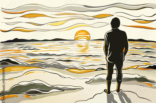 Solitary Man Contemplating Sunset on Seashore Illustration