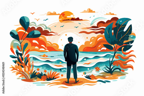 Solitary Man Contemplating Nature at Sunset Illustration