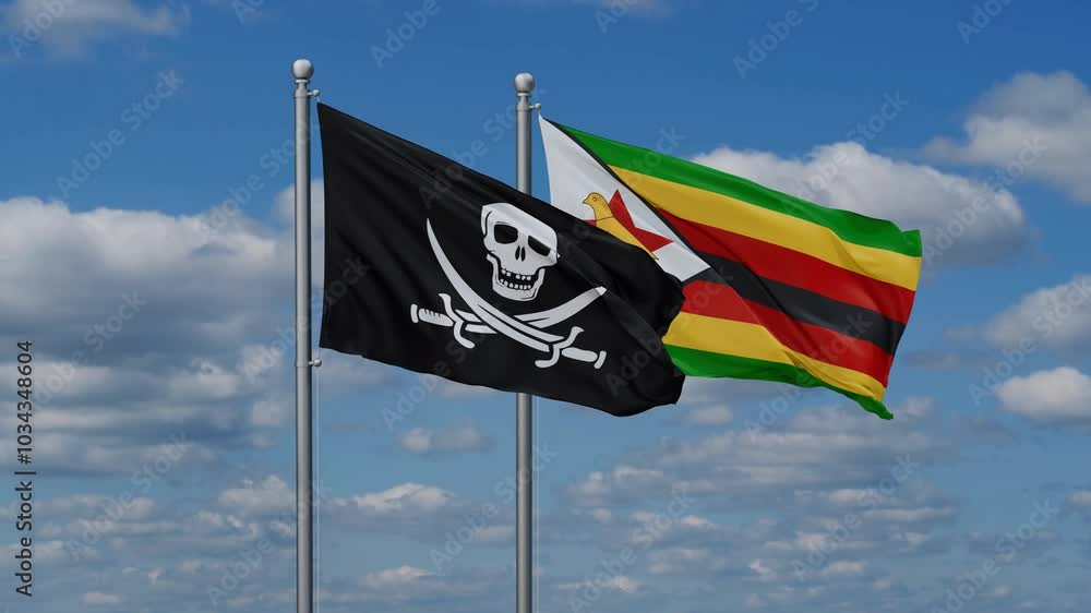 Zimbabwe and Corsair flags flying together, video concept of the relationship, two country cooperation concept Zimbabwe and Corsair flags flying together, video concept of the relationship, two country cooperation concept