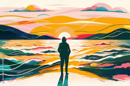 Solitary Figure Contemplating Vibrant Sunset Over Surreal Landscape