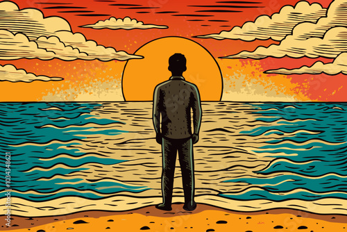 Solitary Man Contemplating Sunset over Ocean Illustration