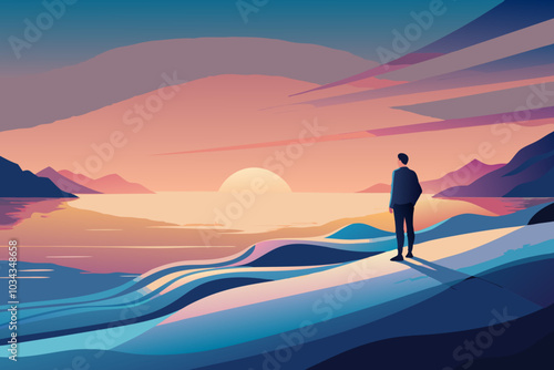 Serene Sunset View with Silhouetted Figure Overlooking Scenic Lake