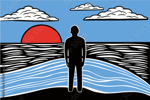 Silhouette of a Man Gazing at Seaside Sunset