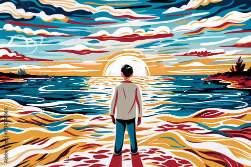 Solitary Figure Against Vibrant Sunset Sky by the Sea