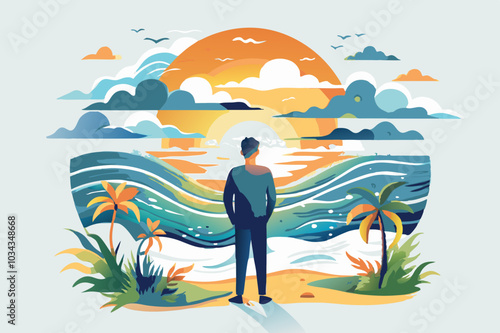 Serene Sunset Beach Scene with Solitary Observer