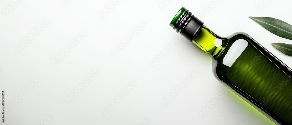 Olive oil bottle with green leaves, white backdrop Olive oil bottle with green leaves, white backdrop