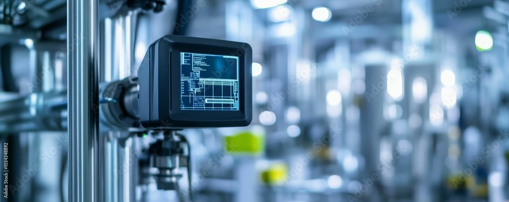 Industrial monitor displays code in a factory. Industrial monitor displays code in a factory.