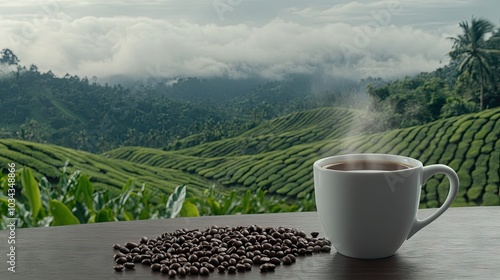 A steaming cup of coffee sits next to scattered coffee beans, with rolling green hills and clouds elegantly draping the mountains in the morning light photo