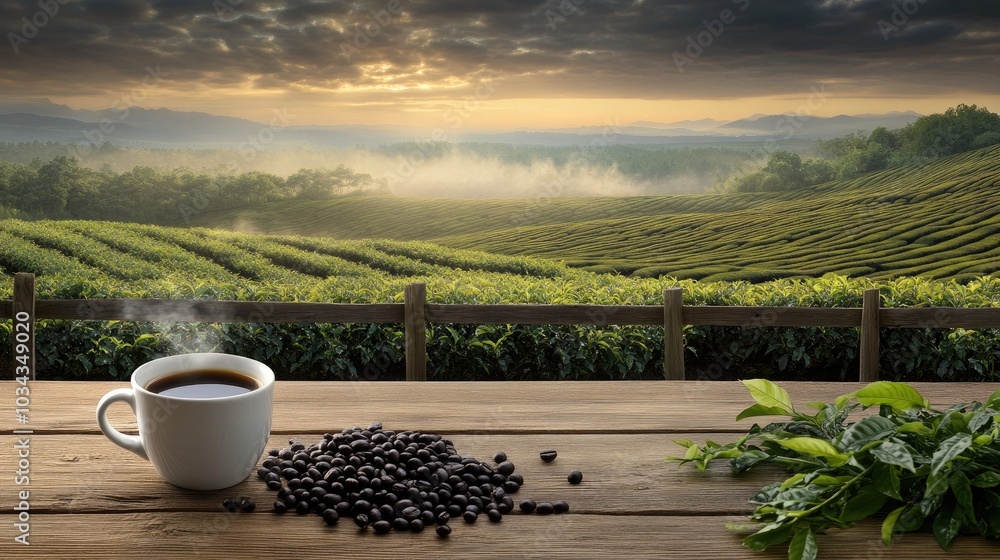 Fototapeta premium A steaming cup of coffee sits next to scattered coffee beans, with rolling green hills and clouds elegantly draping the mountains in the morning light