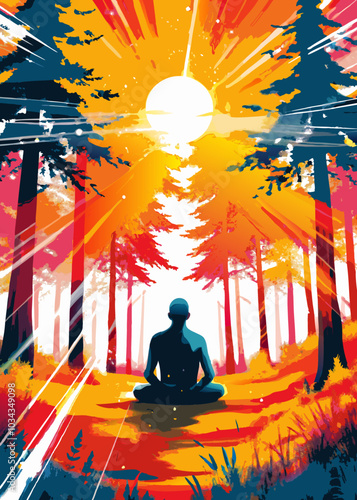 Serene Meditation in Vibrant Autumn Forest at Sunset