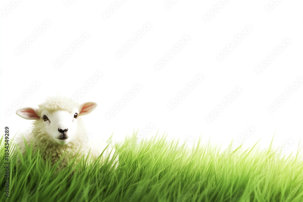 Sheep in green grass, white isolate background Sheep in green grass, white isolate background