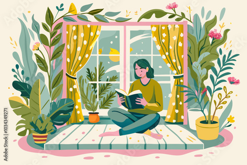 Serene Woman Reading Book in Lush Indoor Garden