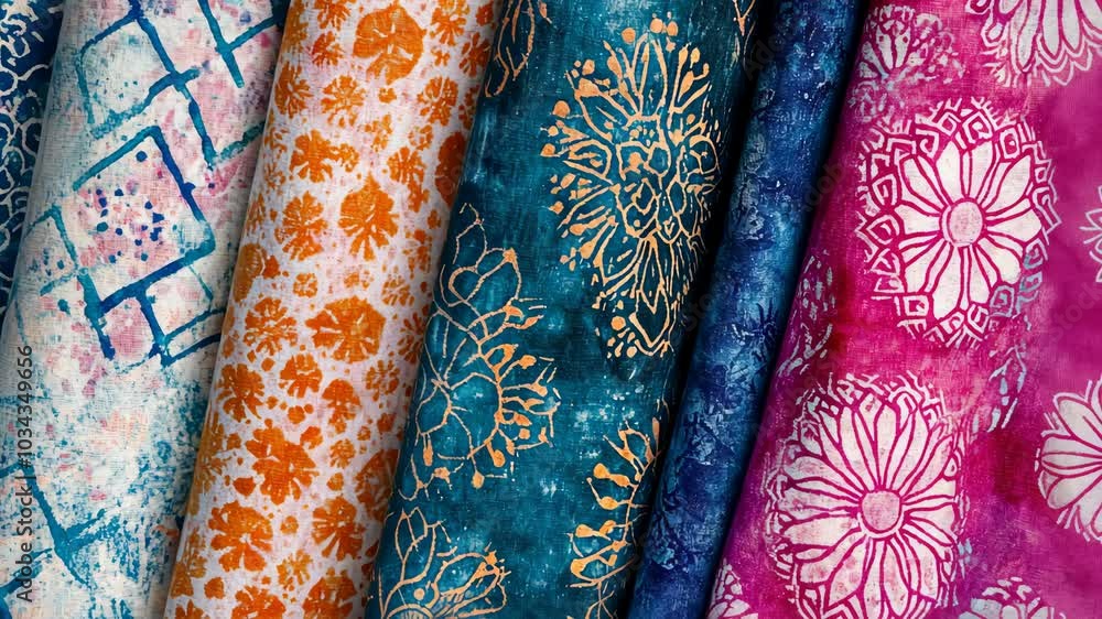 Vibrant patterned fabrics with various floral designs and geometric shapes create a colorful display Vibrant patterned fabrics with various floral designs and geometric shapes create a colorful display