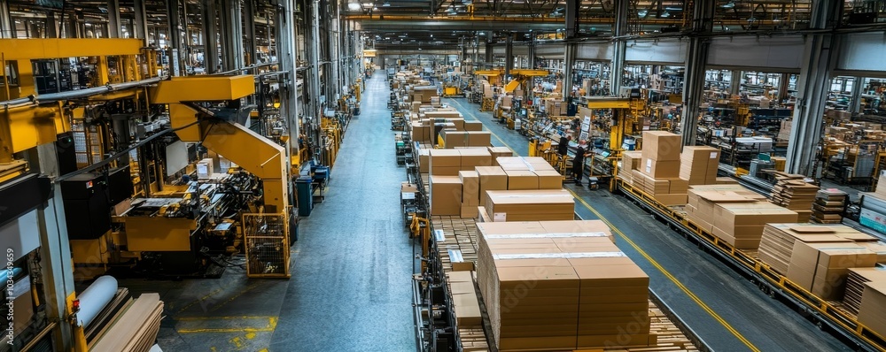 Industrial warehouse with stacked cardboard boxes. Industrial warehouse with stacked cardboard boxes.