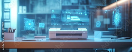 Modern office printer with futuristic display.