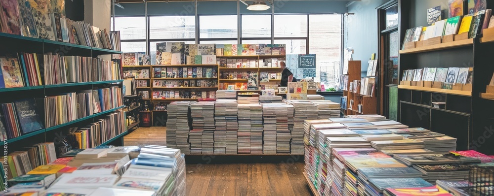 A bookstore with stacks of books and shelves. A bookstore with stacks of books and shelves.