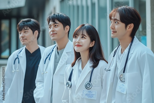 Group of young medical professionals smiling and looking up outside hospital