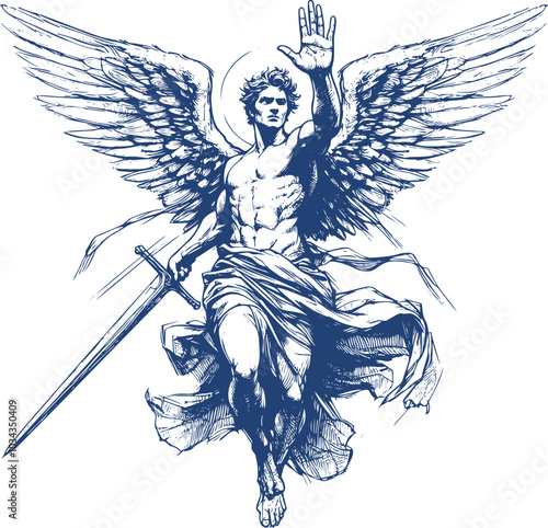 Illustration of a strong angel with a sword in his hand in a stopping gesture done in an artistic style photo