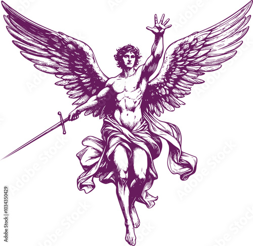 Powerful angel with sword in stopping gesture dynamic illustration in line art technique