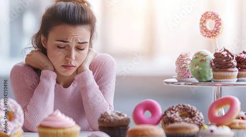 Sad person surrounded by sugary foods, reflecting the struggle between indulgence and emotional well-being, highlighting the complexities of comfort and self-care.