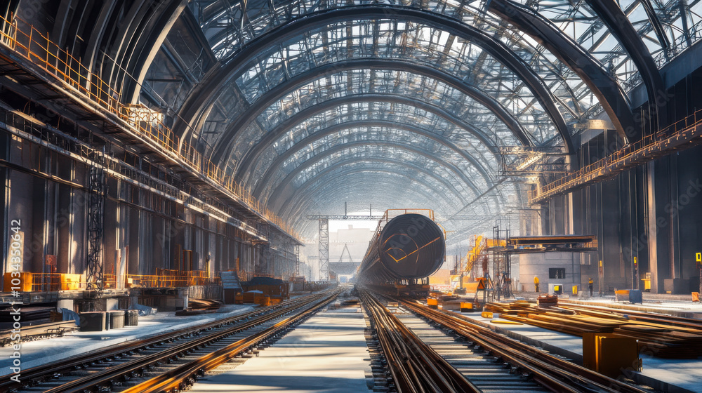 Fototapeta premium Construction progress of a modern railway station with extensive arches and tracks in bright daylight