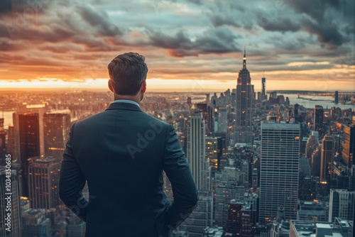 Professional man overlooking city skyline during sunset.