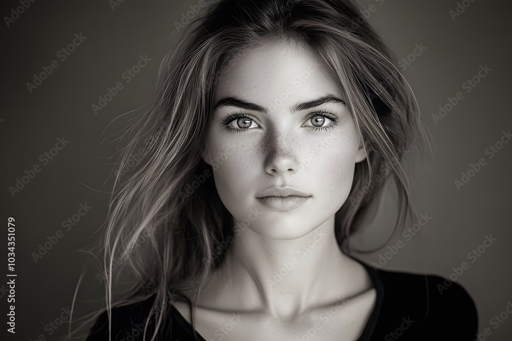 This monochromatic image captures a woman’s serene expression and natural beauty, highlighting her inner strength and elegance. This monochromatic image captures a woman’s serene expression and natural beauty, highlighting her inner strength and elegance.