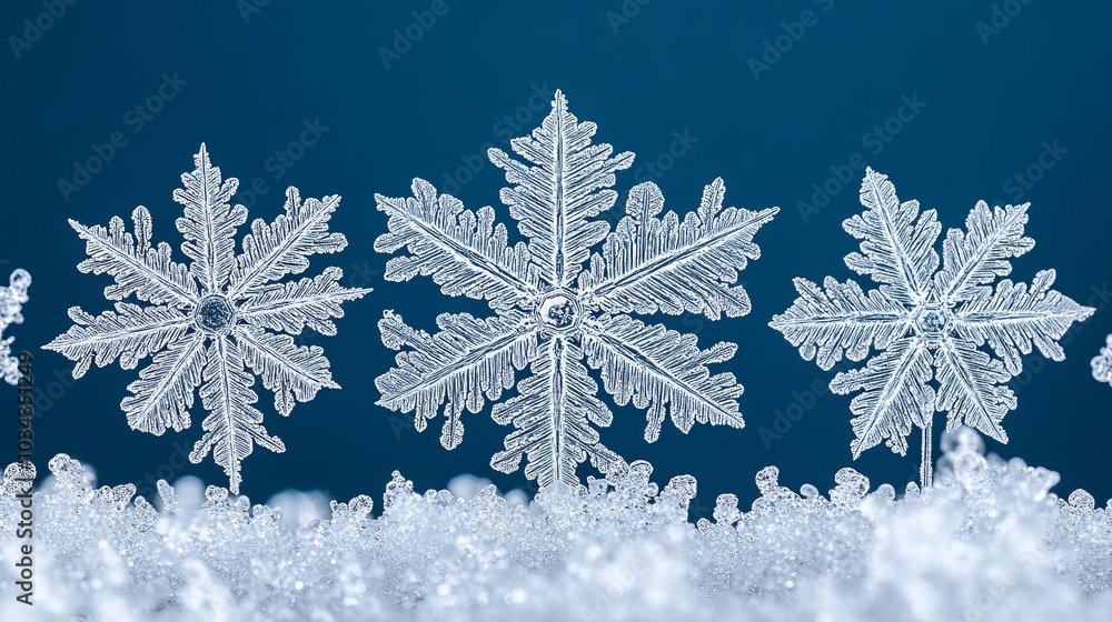 Close-Up View of a Magnified Snowflake on Blue Background Close-Up View of a Magnified Snowflake on Blue Background