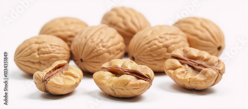 Photorealistic image of walnuts on clean white backdrop