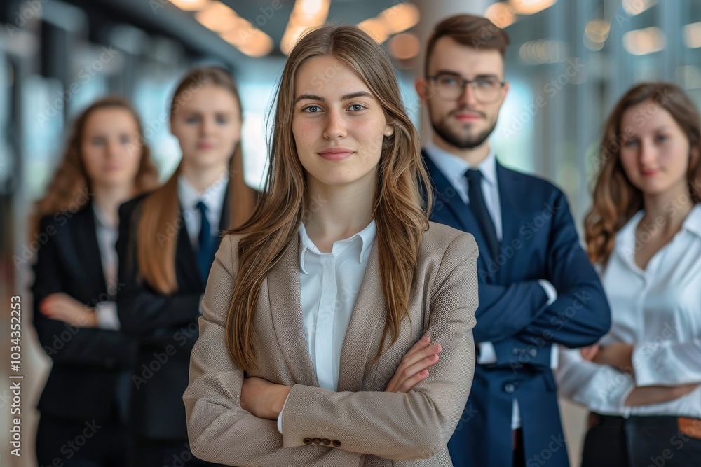 In a contemporary office space, a confident young woman stands at the forefront with her arms crossed, surrounded by her colleagues who display a sense of unity and professionalism. In a contemporary office space, a confident young woman stands at the forefront with her arms crossed, surrounded by her colleagues who display a sense of unity and professionalism.