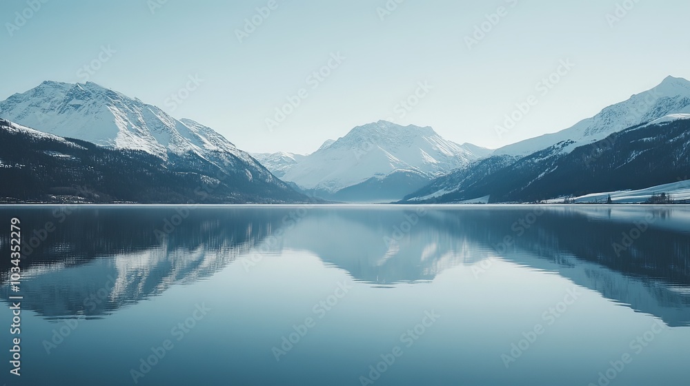 Serene mountain lake reflecting snow-capped peaks. Serene mountain lake reflecting snow-capped peaks.