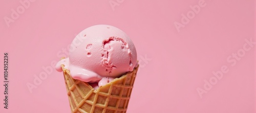 Pink ice cream in a waffle cone against a pink backdrop photo