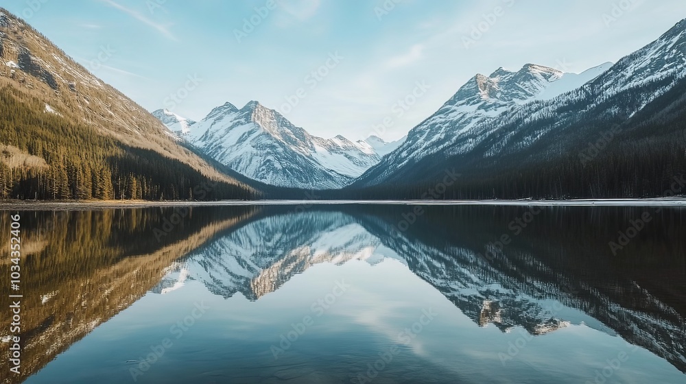 Serene mountain lake reflecting snow-capped peaks. Serene mountain lake reflecting snow-capped peaks.