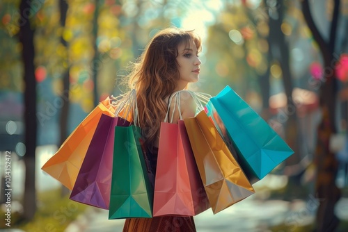 A young woman strolls through a sunlit street, joyfully holding multiple colorful shopping bags against a backdrop of trees with autumn leaves.