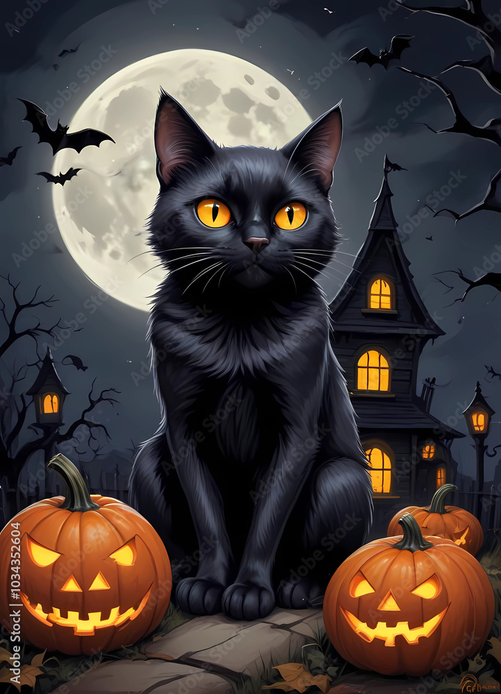 Black cat sitting in front of a haunted house on a full moon night surrounded by jack-o-lanterns Black cat sitting in front of a haunted house on a full moon night surrounded by jack-o-lanterns