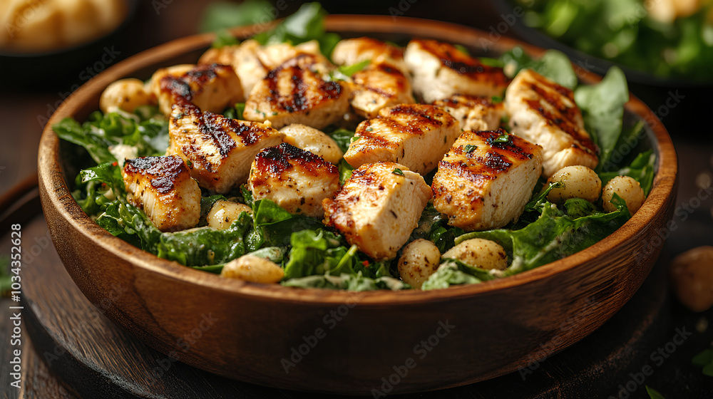 Grilled chicken caesar salad in wooden bowl, close-up. Healthy eating and gourmet cuisine concept
Grilled chicken caesar salad in wooden bowl, close-up. Healthy eating and gourmet cuisine concept